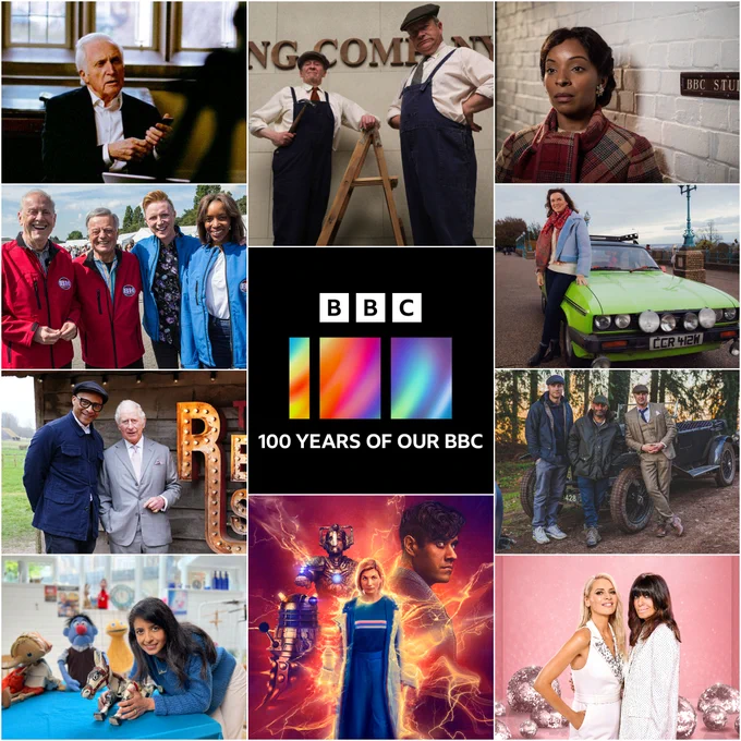 A selection of images from BBC centenary programming. Clockwise from top left - David Dimbleby, Paul Whitehouse and Harry Enfield in The Love Box in Your Living Room, Seroca Davies as Una Marston, Fiona Bruce with an iconic car from Only Fools and Horses, Strictly Come Dancing presenters Tess Daly and Claudia Winkelman, Jodie Whittaker as the 13th Doctor surrounded by The Master (Sacha Dhawan) a Dalek and a Cybeman in The Power of The Doctor, Konnie Huq, King Charles III and Jay Blades, and finally, Bargain Hunt contestants Gyles Brandreth, Tony Blackburn, Owain Wyn Evans and Josie d’Arby.