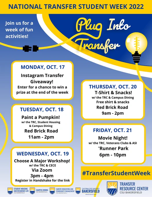 Transfer Student Week flyer with text overlay - dates and times for various events throughout the week