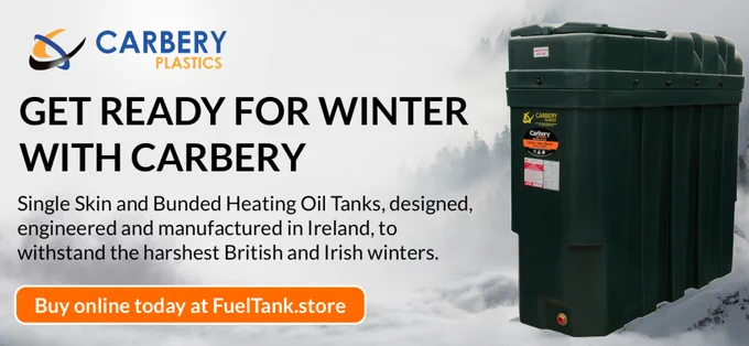 Photograph of Carbery Plastics' 1000SB Superslim Bunded Heating Oil Tank against a photograph of snow. Carbery logo in top left hand corner of image. Accompanying text states 'Get Ready for Winter with Carbery. Single Skin and Bunded Heating Oil Tanks, designed, engineered and manufactured in Ireland, to withstand the harshest British and Irish winters. Buy online today at FuelTank.store' 