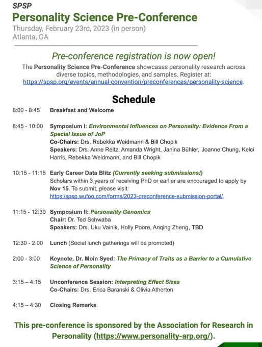 Schedule of events for the 2023 SPSP Personality Preconference