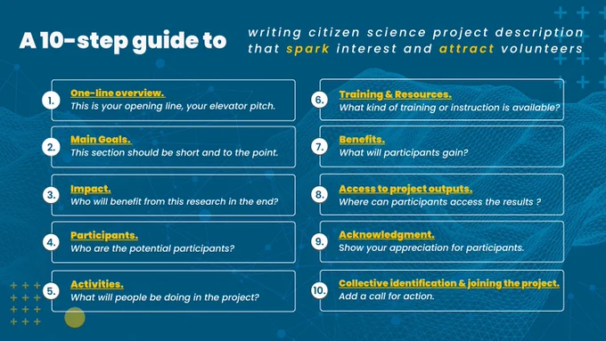 Graphic that reads: "A 10-step guide to writing citizen science project description that spark interest and attract volunteers   1.One-line overview.  This is your opening line, your elevator pitch.  2.Impact. Who ­will ­benefit ­from­ this­ research ­in ­the ­end?  3.Main Goals.  This section should be short and to the point.   4.Participants. Who are the potential participants? 5.Activities. What will people be doing in the project?   6.Training & Resources. What kind of training or instruction is available?  7.Access to project outputs. Where can participants access the results ?  8.Benefits. What will participants gain?   9.Acknowledgment. Show your appreciation for participants.  10.Collective identification & joining the project. Add­ ­a ­call­ for ­a­ction.­ "