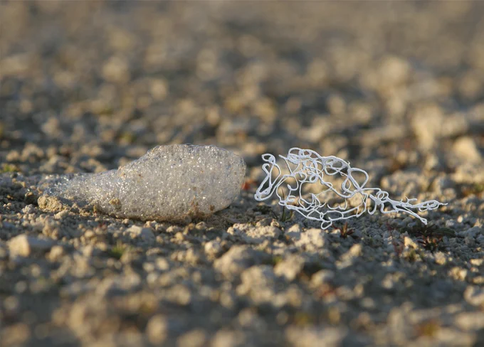 a pale brownish gravelly surface with a blob of saline foam vaguely fish shaped on the left and a corresponding shape reflected on the right  in silver paint made of a network of lines