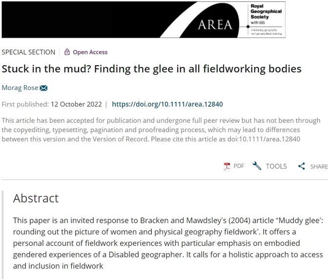Title and Abstract for 'Stuck in the mud? Finding the glee in all fieldworking bodies' by
Morag Rose in Area
