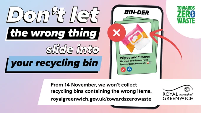 Design graphic of a packet of wipes on a dating app profile. Reads: Don't let the wrong thing slide into your recycling bin. From 14 November, we won't collect recycling bins containing wrong items.
