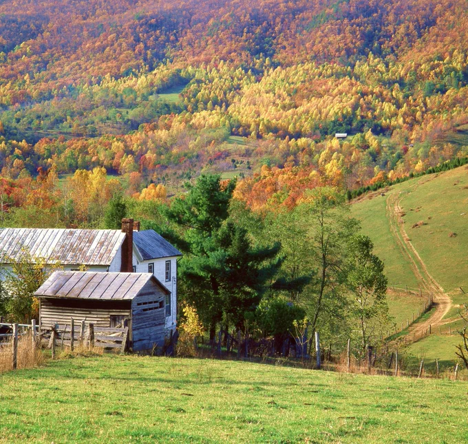Circa 1978 photograph by art photographer Jack Jeffers of an autumn scene from West Virginia. Collection: Jack Jeffers Photography collection.  Citation: Jeffers, Jack, “Western Virginia c1978,” Appalachian State University Libraries Digital Collections, accessed October 18, 2022, https://omeka.library.appstate.edu/items/show/34368.
