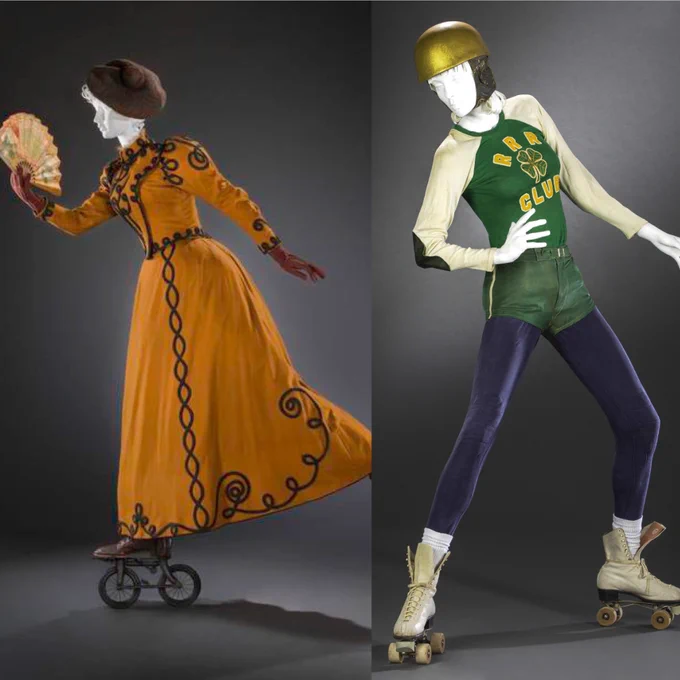 Two roller skating ensembles side by side. One long skirted tan brown with black soutache trim and a wool beret, the other in blue leggings, green shorts and a white and green logoed top