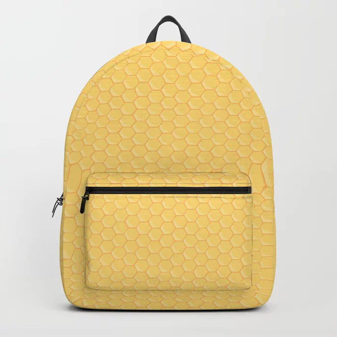 Tarzipan Honey Pattern - Honey Lover Backpack

Our backpacks are crafted with a durable, canvas-like material that will hold up to everyday life. Every artist meticulously lays out their artwork on each panel to make sure you're getting the best possible design. The interior pocket fits up to a 15 inch laptop and the smaller front pocket is great for school supplies and quick grab essentials.

Standard unisex size: 17.75" (H) x 12.25" (W) x 5.75" (D)
Crafted with durable spun poly fabric for high print quality
Interior pocket fits up to 15” laptop
Padded nylon back and bottom
Adjustable shoulder straps
Front pocket for accessories