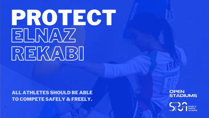 Graphic shows image of Elnaz Rekabi climbing without hijab overlayed by blue background and white text that says "PROTECT ELNAZ REKABI. All athletes should be able to compete safely & freely." Open Stadiums & SRA logos in bottom-right corner.