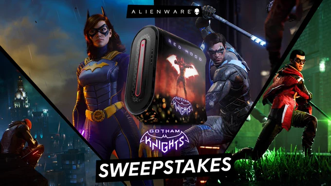 A skinned Alienware Aurora R13 with the Gotham Knights character Red Hood on it. In the background are screenshots of the playable characters in Gotham Knights. The text reads: "Alienware", "Gotham Knights", and "Sweepstakes".
