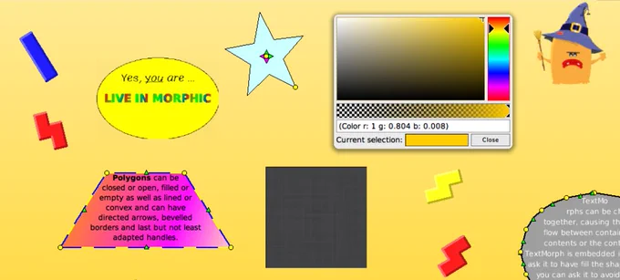 A close-up of some colorful Morphic examples and sketches in Squeak. "Yes, you are ... Live in Morphic!"