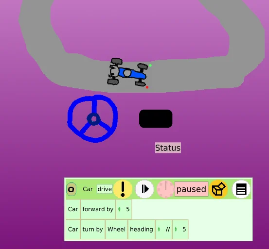 A close-up of a race car, a steering wheel, and an Etoys script for animating the car.