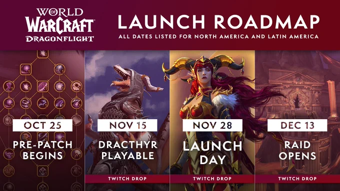 Dragonflight Launch Road Map. 
October 25th - Pre-Patch Begins. 
November 15th - Dracthyr playable. 
November 28th - Launch Day. 
December 13th - Season 1 and Raid Opens.