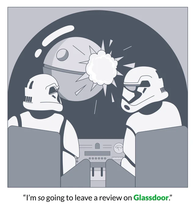 The image shows two star wars characters discussing about leaving a review.