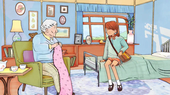 Screenshot from Wayward Strand of the main character sitting with an elderly woman while she knits 