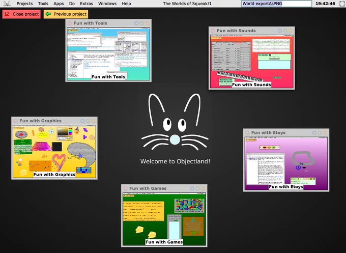 A screenshot of Squeak showing five project thumbnails labeled "Fun with Tools", "Fun with Sounds", "Fun with Etoys", "Fun with Games", and "Fun with Graphics". In the middle sits a Squeak mascot telling "Welcome to Objectland!"