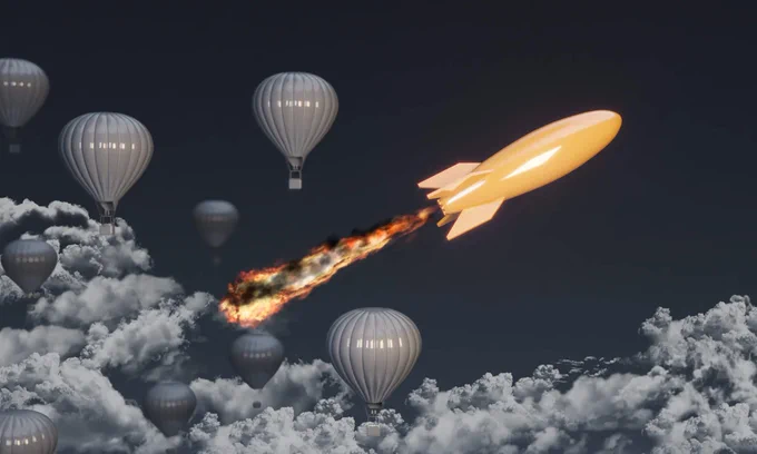 Rocket skyrocketing ahead in the skies with hot air balloons nearby