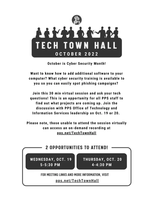 October 2022 PPS OTIS Tech Town Hall flyer with more meeting information at pps.net/techtownhall