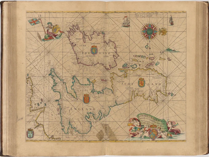 Image of a nautical chart (titled "A Chart of Ye Narrow Seas") with rhumb lines and oriented with north to the right, showing Ireland, Scotland, England and Wales and a bit of the French coast along the English Channel. Also, with an ornate compass rose at the top right of the sheet and a title cartouche (with many aquatic denizens surrounding it) in the lower right. The flag bearing merman is at the top left of the sheet. 