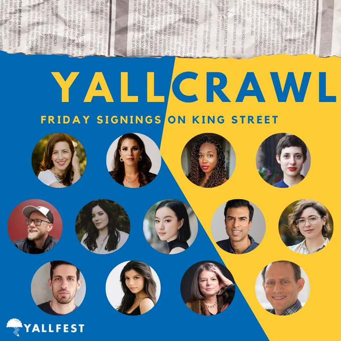 YALLCRAWL graphic featuring photos of Stephanie Garber, Victoria Aveyard, Ayana Gray, Melissa Albert, TJ Klune, Sasha Peyton SMith, Chloe Gong, Soman Chainani, Casey McQuiston, Adam Silvera, Alex Aster, Cinda Williams chima, Stuart Gibbs