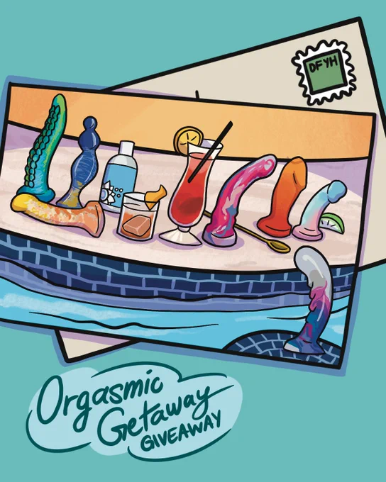 A graphic of a postcard showing an illustration of a swim-up bar covered in cocktails and dildos. A postcard in the upper right reads DFYH.