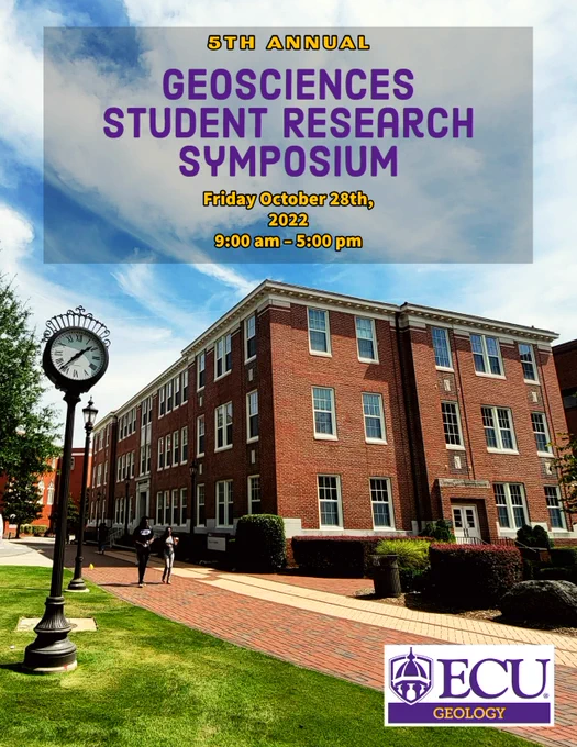 Flyer of Geoscience Student Research Symposium announcement for October 28th, 9 am - 5 pm, with picture of the Geological Sciences brick building at ECU, ECU logo, people walking by building