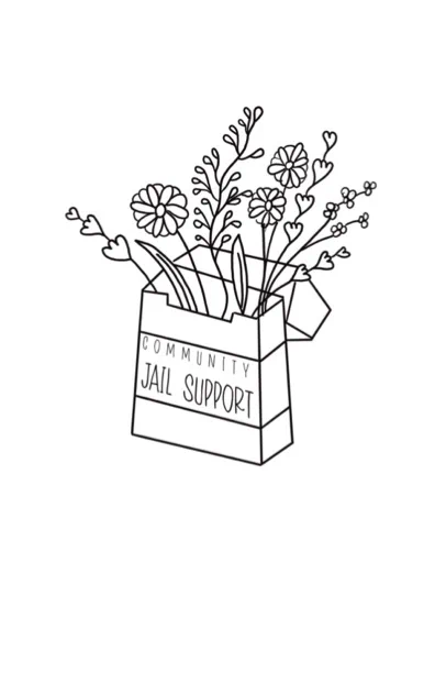 Cover page:
A black line drawing of a carton of cigarettes with flowers emerging from it. The front of the carton reads “Community Jail Support” where a logo would otherwise be.

