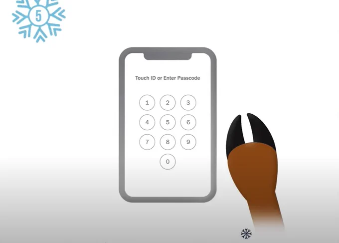 a graphic of a phone with dial numbers 1 through 0 and the words "Touch ID or Enter Password" with a moose paw and a snowflake.