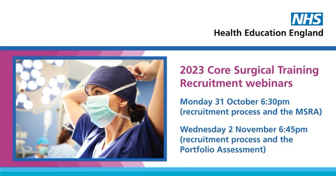 Image of female surgeon putting on a mask. Text to promote 2 dates for CST recruitment on 31 October and 2 November