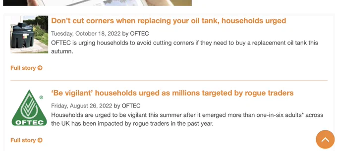 Screen grab from Oil Firing Technical Association (OFTEC) website, showing headline from article entitled 'Don't Cut Corners When Replacing Your Oil Tank, Households Urged'. 