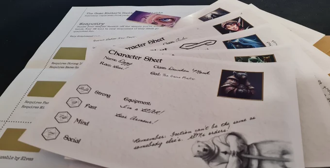 A collection of puzzle components for The Game Master's Gambit. Seen up close is the character sheet of a bear warrior with a sword.