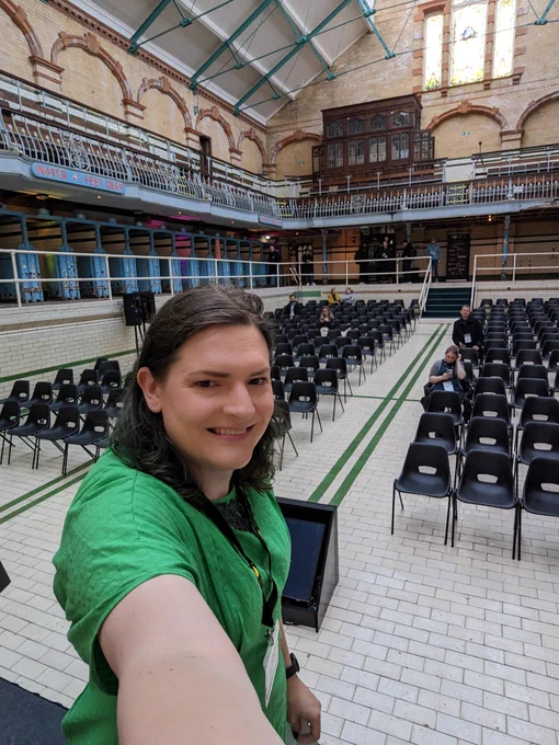 A selfie of Chris Northwood from the stage in a restored Victorian swimming pool