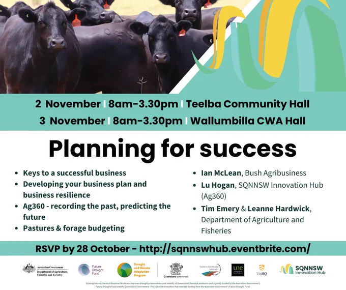 The graphic includes a photograph of cattle in a paddock with details about the Planning for Success workshops. 2 November, 8am-3.30pm, Teelba Community Hall. 3 November, 8am-3.30pom, Wallumbilla CWA Hall. Planning for Success: keys to a successful business, developing your business plan and business resilience, Ag360 – recording the past/predicting the future, pastures & forage budgeting. Speakers: Ian McLean from Bush Agribusiness, Lu Hogan from the SQNNSW Innovation Hub Armidale Node (Ag360), Tim Emery & Leanne Hardwick from the Queensland Department of Agriculture and Fisheries. RSVP by 28 October. http://sqnnswhub.eventbrite.com/