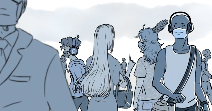 Digital illustration with blue shades. The picture represents a crowd. There are eight people including three women and five three men. They all wear surgical masks on their faces. The man in the foreground on the left has an eye on his neck, the blond-haired woman in the middle has an eye on her right arm and another woman has a bird wing on her head.

translated from French with DeepL