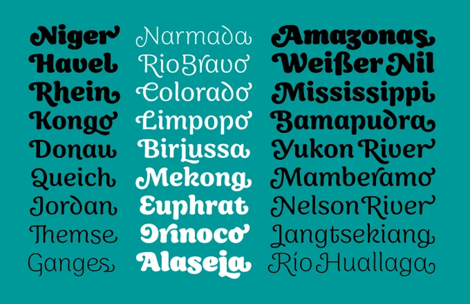 Specimen for the typeface Sirenia by Felix Braden (Floodfonts, 2022), showing a gradient of the weights (Thin to Black), as well as some of the many swash alternates