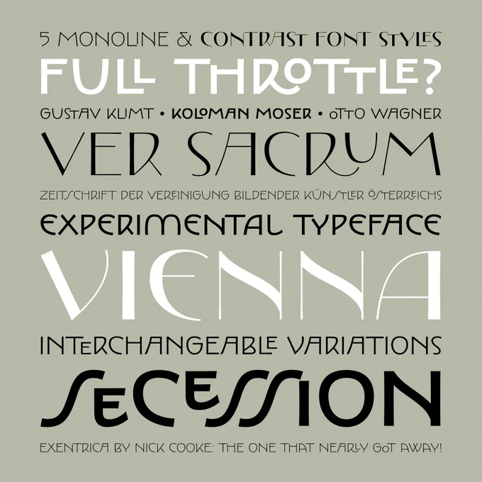 Detail of a specimen showing the Exentrica typeface by Nick Cooke, featuring both its Monoline and Contrast styles