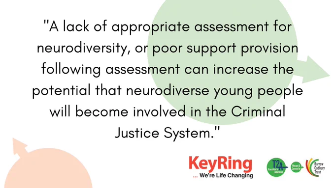 Text: "A lack of appropriate assessment for neurodiversity, or poor support provision following assessment can increase the potential that neurodiverse young people will become involved in the Criminal Justice System." Underneath are the KeyRing and Barrow Cadbury Trust logos.