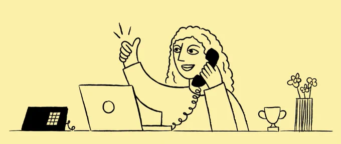 Illustration of a person on a phone in front of a laptop and giving a thumbs up