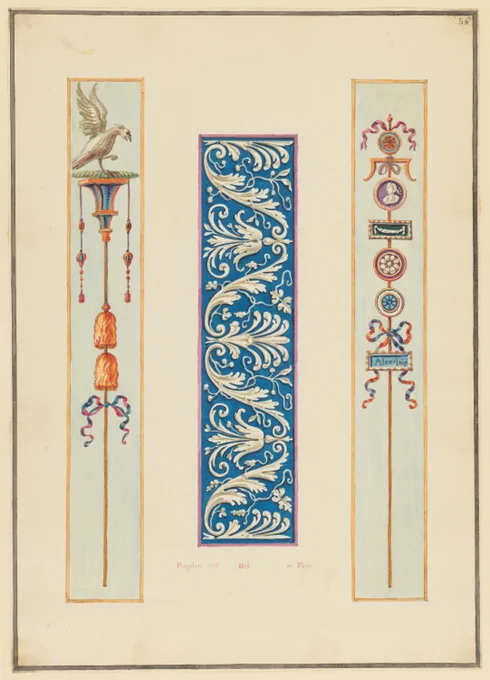 Watercolor drawing of Roman-style garlands, standards, and ornaments, with a floral pattern at center. The colors are very vibrant.