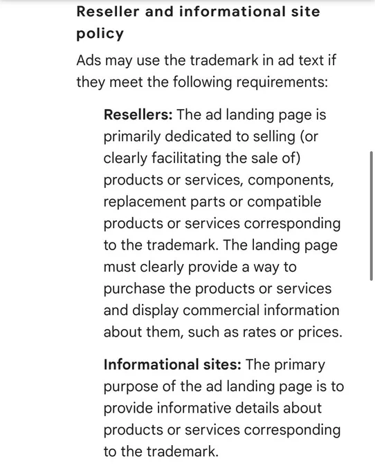 Google Search Ads Reseller and informational site policy