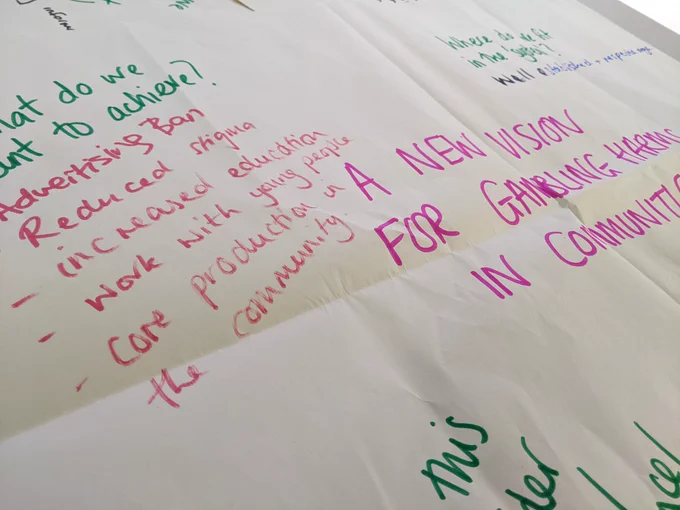 Handwritten workshop notes describing a new vision for gambling harms. Goals listed included an advertising ban, reduced stigma and core production in the community 