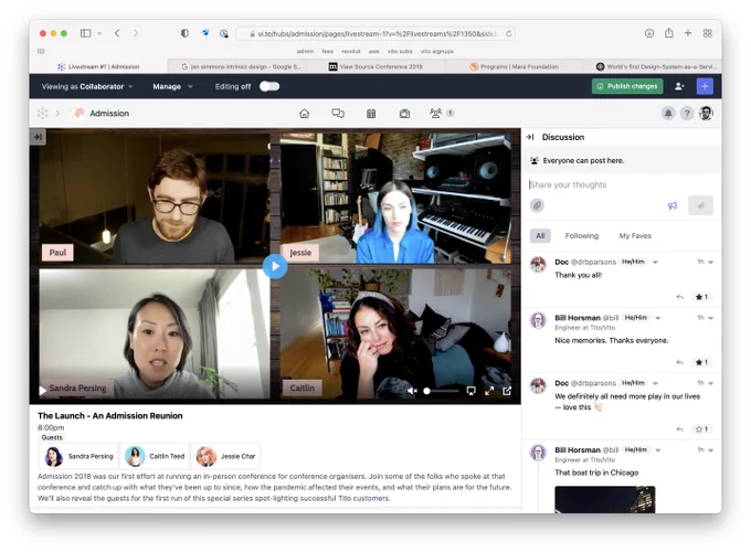 Screenshot of the Admission Reunion event on Vito, with Paul Campbell, Jessie Char, Sandra Persing and Caitlin Teed.