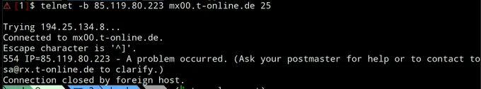 Connection refused by t-online.de mail server from BitFolk's main outbound mail relay, showing an IP-level block.