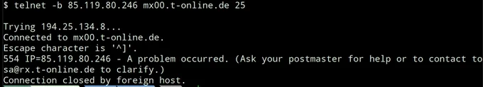 Connection refused by t-online.de mail server from BitFolk's mailing list manager, showing an IP-level block.