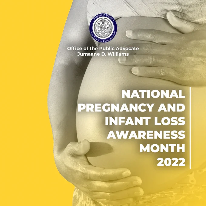 Office of the Public Advocate graphic with a yellow overlay, a photo of a pregnant person holding their stomach, and text: National Pregnancy and Infant Loss Awareness Month 2022