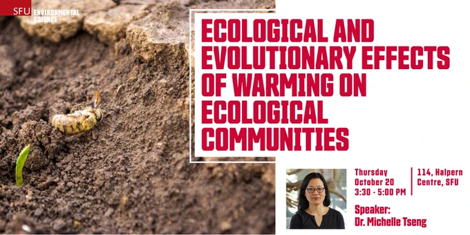 A poster for an upcoming seminar. On the left is a photo of a bee on top of some brown soil. On the right, a small inset photo shows a woman wearing glasses. This is the speaker, Dr. Michelle Tseng. 