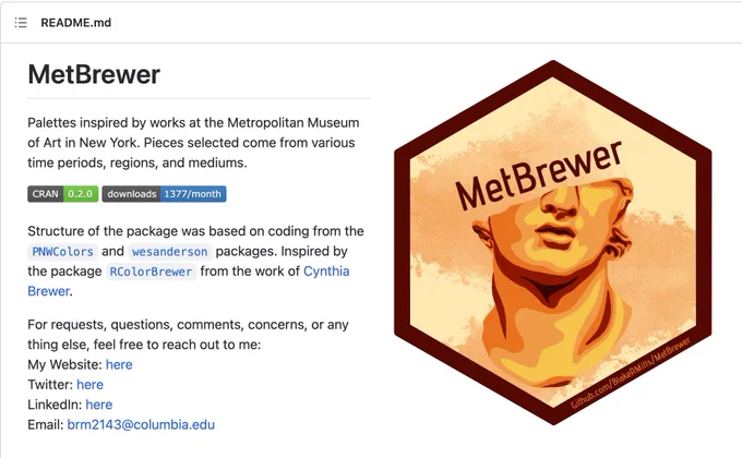 Screenshot of README for the MetBrewer package. Shows its Hex sticker