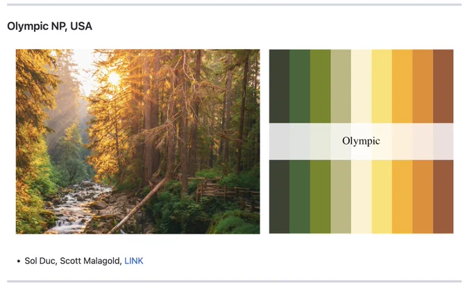 Screenshot of the olympic palette from the NatParksPalettes package. Greens, yellows and oranges