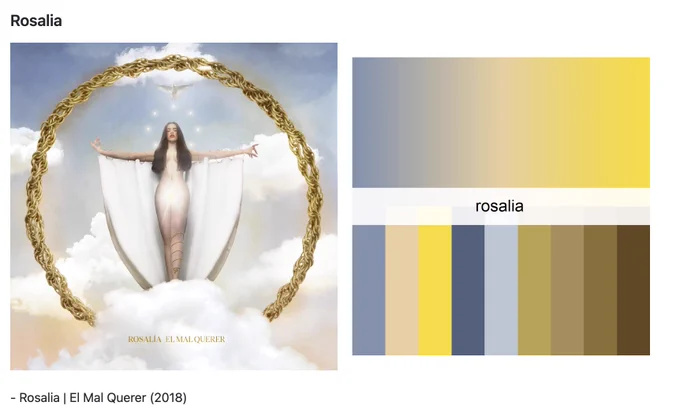 Screenshot of the Rosalia palette from the peRReo package. Yellows and blues