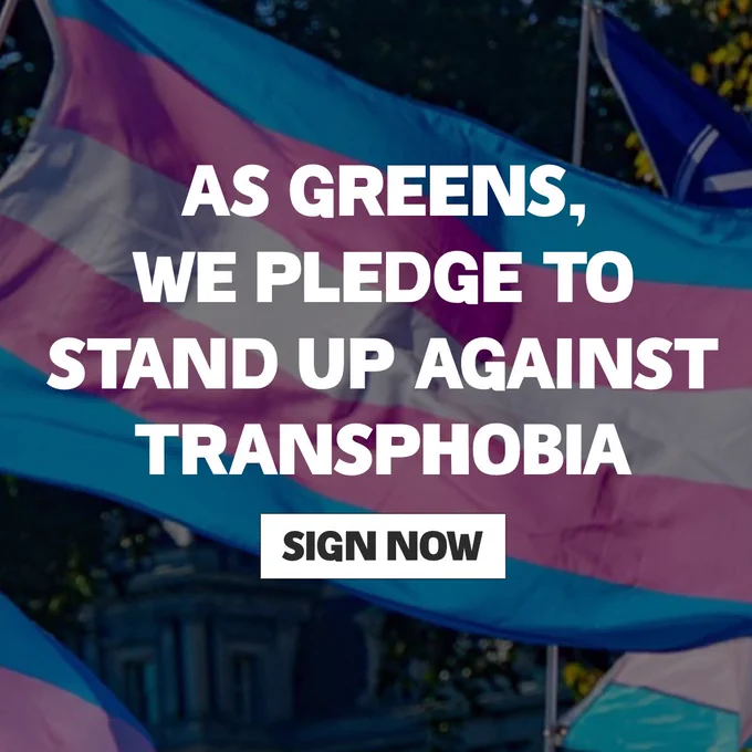 White text: "As Greens, we pledge to stand up against transphobia. Sign now", with a trans flag in the background.