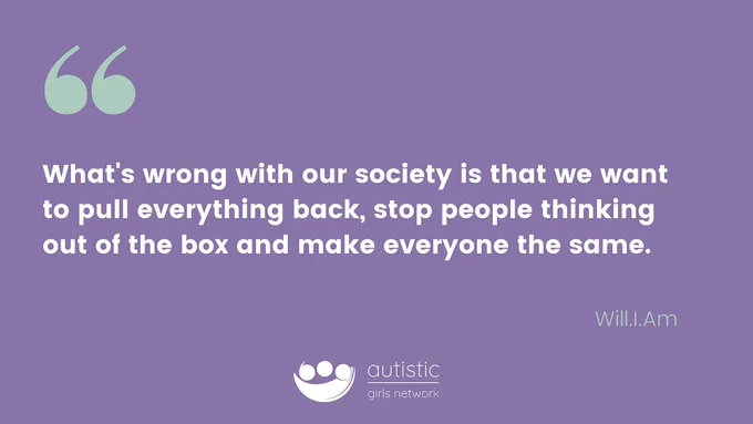 Purple background, text reads “What's wrong with our society is that we want to pull everything back, stop people thinking out of the box and make everyone the same. “ Will.I.Am
